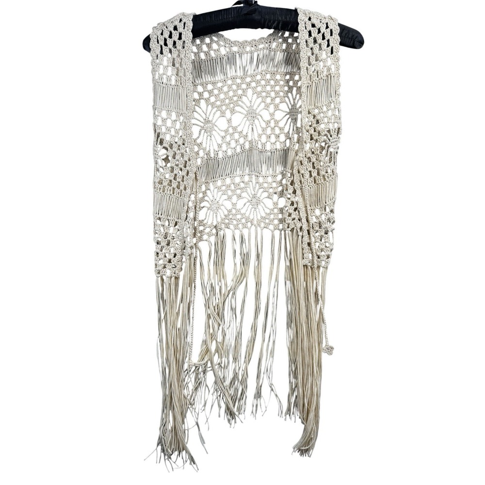 Handmade Crochet Fringe Vest Boho Festival Hippie Open Front Tie Ivory Lace